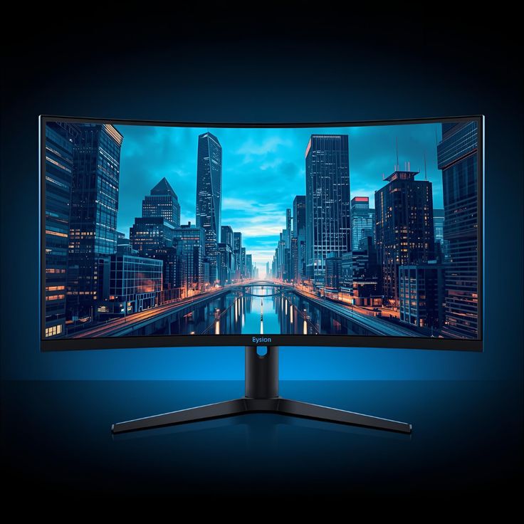 Gaming monitor on a clean desk setup displaying a city skyline wallpaper