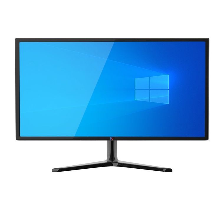 Gaming monitor on a clean desk setup displaying a blue wallpaper