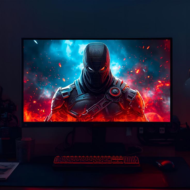 Gaming monitor close-up with dramatic character artwork and ambient RGB lighting