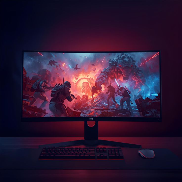 Gaming monitor displaying a dramatic battle scene with vivid RGB desk lighting