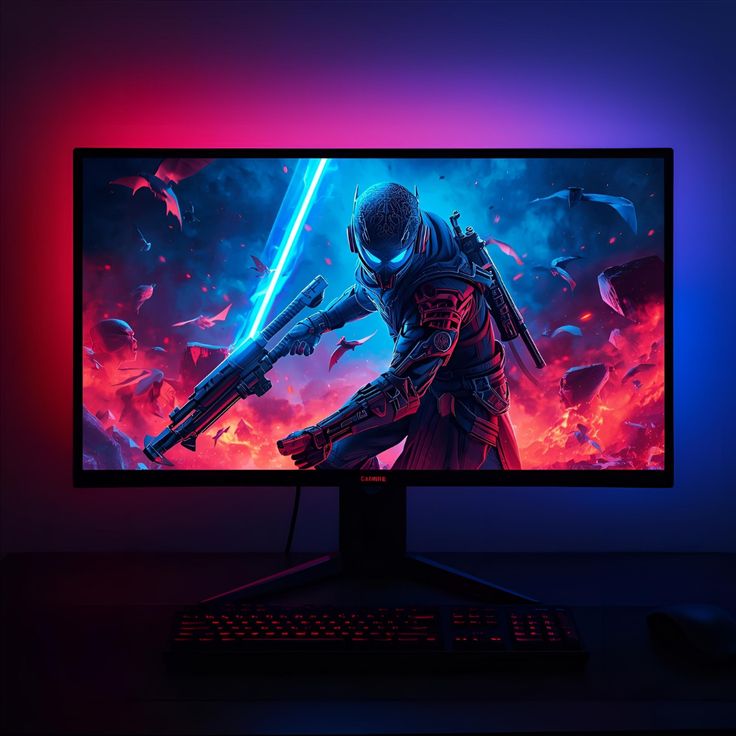 Gaming monitor displaying a stylized character scene with ambient RGB lighting