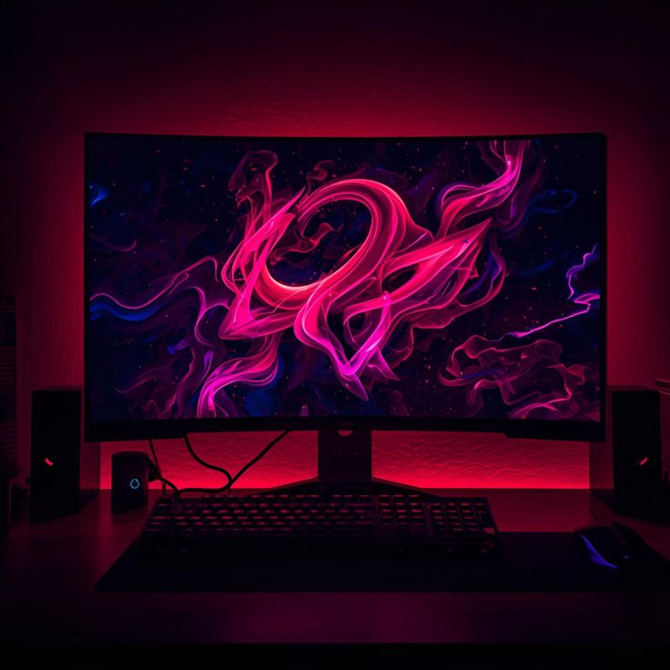 Curved gaming monitor displaying an abstract neon design with ambient desk lighting