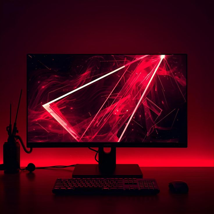 Curved gaming monitor displaying a red abstract geometric design with ambient lighting